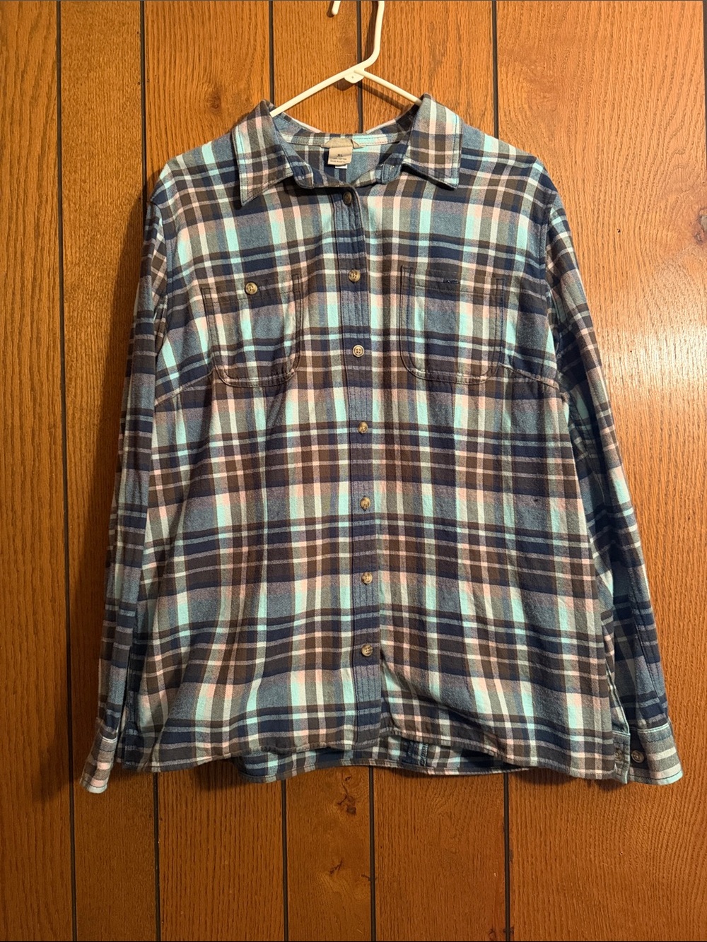 Duluth Trading Co Plaid Button-Down flannel in Blue, pink, and gray